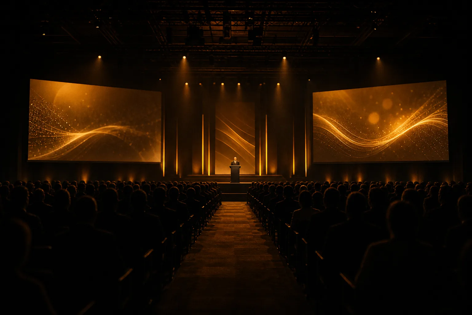 Medical congress auditorium with glowing presentation screens
